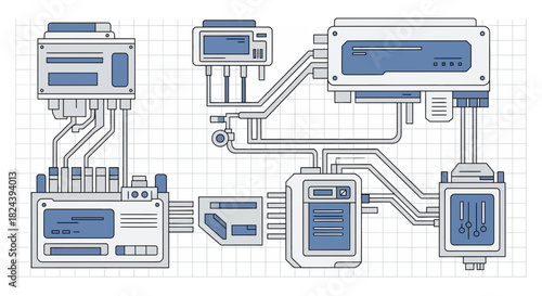 Detailed schematic illustration of interconnected machinery with smooth lines, offering versatile use for tech, engineering, or futuristic design projects