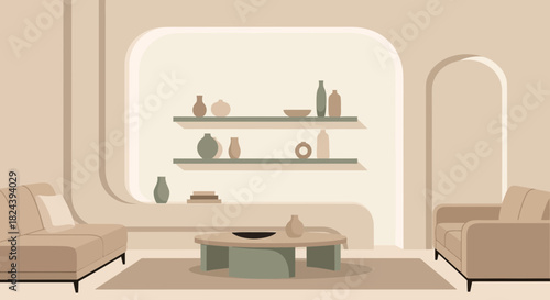 Serene living room interior design with minimalist furniture and stylish decor, perfect for creating a calm, inviting atmosphere in a modern home