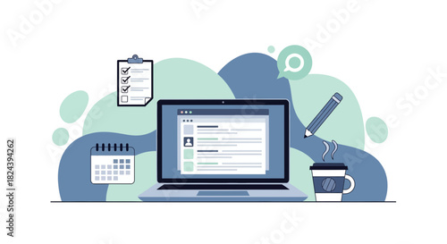 Streamline your workflow with this modern laptop interface, calendar, clipboard, and coffee, perfect for boosting productivity and organization