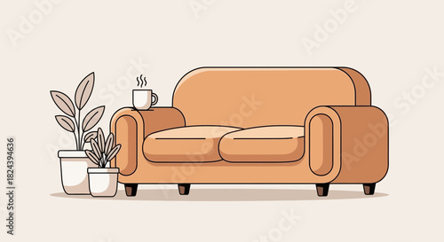 Cozy living room scene with sofa, plants, and coffee creating a warm, inviting, and relaxing atmosphere perfect for home decor and lifestyle designs