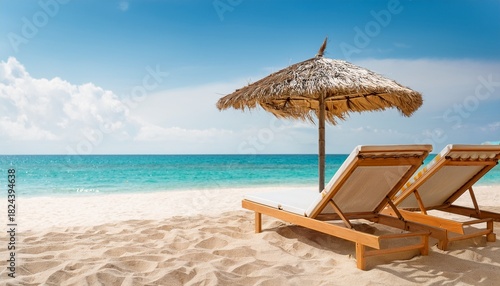 Beach Chair Or Beach Loungers On Sand At The Beach Summer Holiday Travel Vocation Concept Minimalist Beach Scene