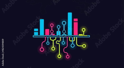 Modern neon tech circuit board illustration conveys vibrant data connectivity for technology, innovation, and digital solutions, originally a vector graphic