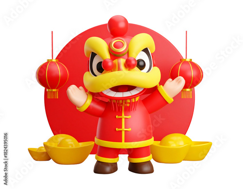 Cute Cartoon-Style Chinese Lion Dance Costume in Dynamic Pose