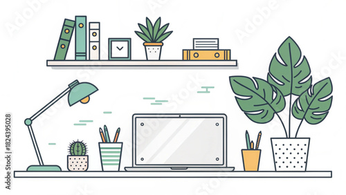 Modern minimalist workspace featuring laptop, lamp, plants, and books, perfect for creative professionals and remote work visuals with clean aesthetic appeal