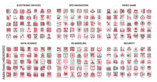 Video game devices, science data education, internet security thin red black line icon vector illustration set. Outline network cybersecurity technology, 3d modeling, travel gps navigation