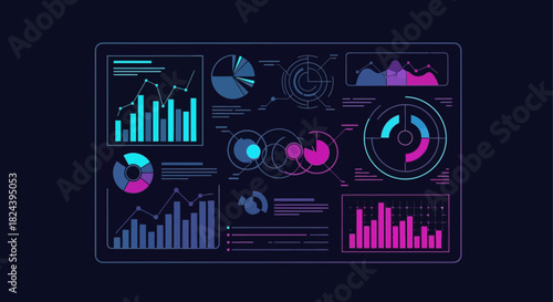 Modern neon data visualization dashboard showing business performance analytics and financial insights, perfect for presentations and reports, scalable vector graphic