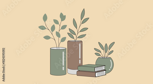 Elegant botanical illustration of plants in vases with books, perfect for adding a touch of nature and serenity to your designs and projects
