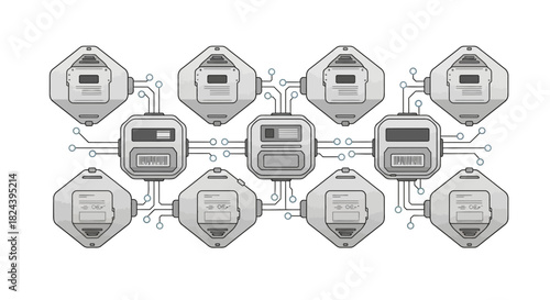 Network of connected devices for data processing and distribution, showcasing interconnected technology and futuristic design, suitable for tech industry visuals