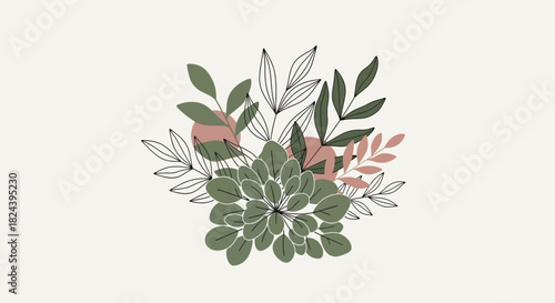 Elegant botanical arrangement with green leaves and subtle pink accents, perfect for adding a touch of nature to your designs, from invitations to websites