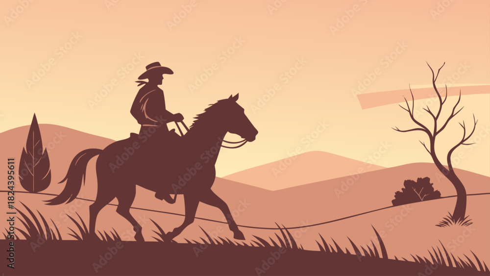 Fototapeta premium Silhouette of a cowboy riding a horse across a western landscape at sunset with mountains and trees
