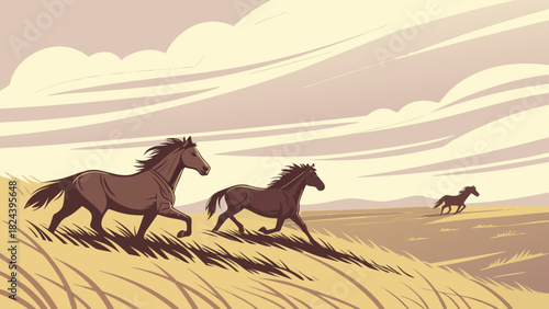 Three horses running freely across a grassy field under a cloudy sky in a stylized illustration