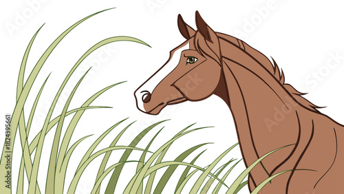 A brown horse with a white stripe on its face stands amidst tall green grass in a serene landscape