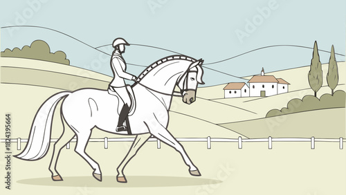 Illustration of a dressage rider on a white horse in a rural landscape with a building and trees