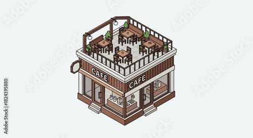 Stylish isometric cafe with a rooftop terrace, perfect for summer evenings and relaxing atmosphere, a charming spot for coffee and conversation