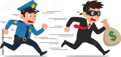 Police chasing thief vector illustration, cartoon crime scene, stolen money bag, law enforcement action, running characters, justice pursuit, bold design