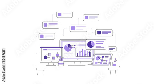 Modern data analytics dashboard concept showing business intelligence reports and project workflow visualizations for team collaboration and strategic insights