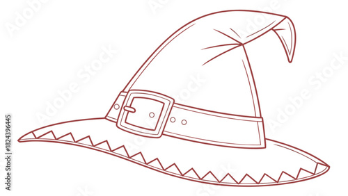 Illustration of a traditional witch hat with a buckle and jagged brim design in outline style