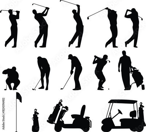 Golfer Swinging Club, Cart, Flag, and Bag Icons for Sport and Leisure Graphics.