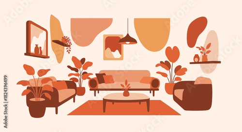 Stylish living room interior design with modern furniture and indoor plants, creating a cozy and inviting home decor scheme, perfect for lifestyle concepts