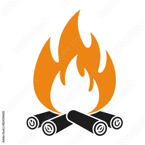 Campfire icon with flames and logs in vibrant orange and black design