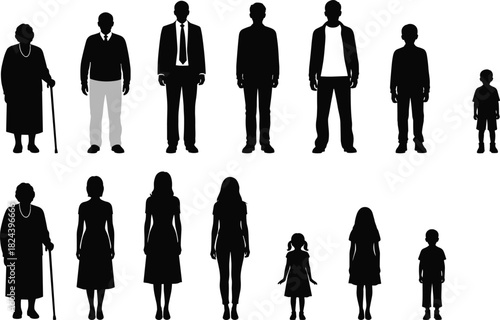 Human Figure Silhouettes Vector Set Showing Male and Female People of All Ages from Child to Senior Citizen for Demographic and Population Design.