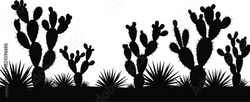 Desert cactus silhouette, prickly pear, spiky plants, black illustration, nature scene, arid flora, botanical design, dry landscape, minimal art