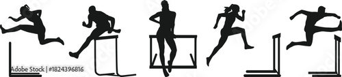 Man and Woman Jumping Over Barriers for Running, Athletics, Sport, and Competition Graphics.