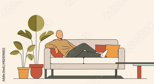 Man relaxing on sofa with indoor plants, perfect for illustrating home life, leisure, and relaxation in modern interior designs. Originally a scalable graphic.