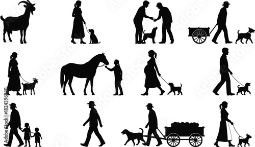 Man Woman Walking Dog, Pregnant Lady, Farmer with Cart, Horse, and Goat Icons.