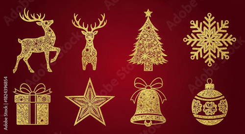 Set of eight golden glittery christmas holiday icons including reindeer tree star bell gift and snowflake on red background