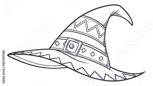 Illustration of a pointed witch hat with zigzag and diamond patterns and a buckle in black outline