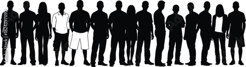 Row of diverse human silhouettes in black on white background, showcasing posture, clothing, hairstyle for crowd and identity themes.