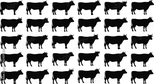 Seamless Repeating Pattern of Cattle Silhouettes Vector Illustration Background Black Cow Shapes Showing Livestock Farming Agriculture Meat and Dairy Production Branding Design.
