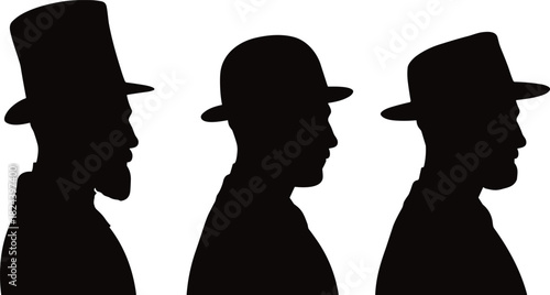 Men Wearing Top Hat, Bowler, and Fedora Showing Different Classic Headwear Styles Vector.