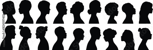 Silhouette collection of diverse human head profiles with unique hairstyles for fashion, anatomy, design, and diversity illustration reference.