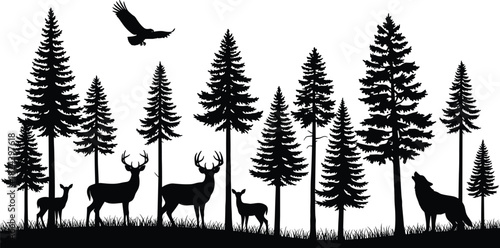 Forest wildlife silhouette, deer, wolf, trees, nature scene, black illustration, coniferous forest, bird, ecosystem, wilderness, animal habitat, peaceful