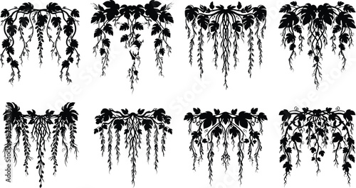 Hanging vine silhouette, botanical foliage, leaf patterns, black illustration, nature decor, symmetrical design, ornamental plants, trailing vines, artwork