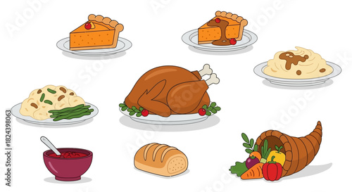 A collection of delicious Thanksgiving foods, including a roasted turkey, pumpkin pie slices, mashed potatoes with gravy, green beans, cranberry sauce, and a cornucopia filled with vegetables