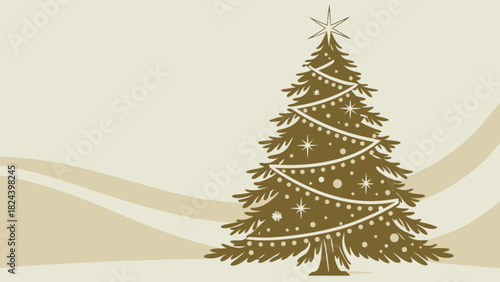 Illustration of a christmas tree adorned with lights and a star on a beige background with waves