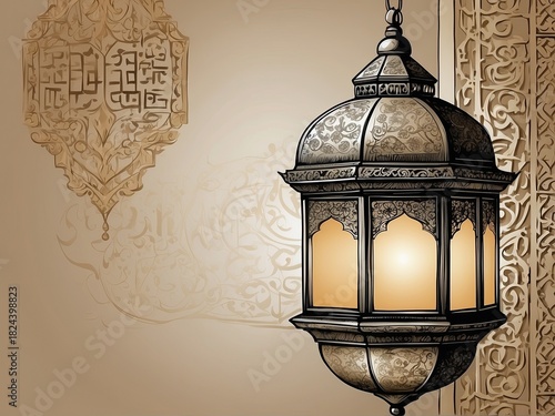 A beautifully detailed illustration of traditional Arabic lanterns glowing warmly in an elegant interior setting. The ornate metal patterns, soft ambient lighting, and subtle shadows create a serene a