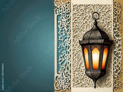 A beautifully detailed illustration of traditional Arabic lanterns glowing warmly in an elegant interior setting. The ornate metal patterns, soft ambient lighting, and subtle shadows create a serene a