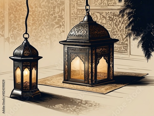 A beautifully detailed illustration of traditional Arabic lanterns glowing warmly in an elegant interior setting. The ornate metal patterns, soft ambient lighting, and subtle shadows create a serene a