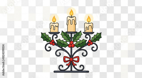 Illustration of a decorative wrought iron candelabra holding three lit candles adorned with holly leaves and red berries, perfect for holiday themes