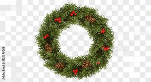 Realistic christmas wreath made of pine branch with red berry and pinecone decoration