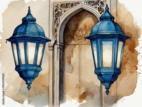 A beautifully detailed illustration of traditional Arabic lanterns glowing warmly in an elegant interior setting. The ornate metal patterns, soft ambient lighting, and subtle shadows create a serene a