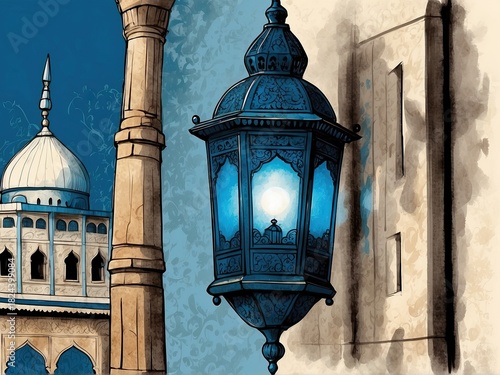 A beautifully detailed illustration of traditional Arabic lanterns glowing warmly in an elegant interior setting. The ornate metal patterns, soft ambient lighting, and subtle shadows create a serene a