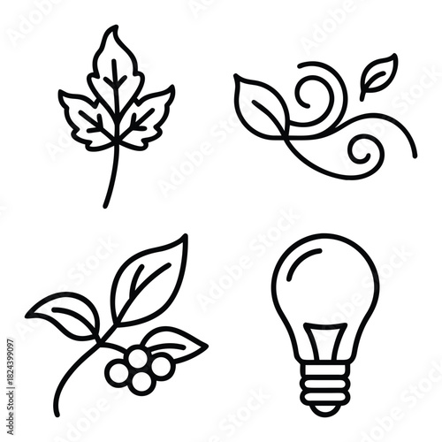 Collection of Four Outline Icons: Video Player Frame with Play Button, Open Flower, Potted Seedling, and Single Five-Petal Flower