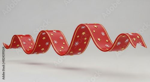 Wavy red ribbon with small golden star decoration flowing horizontally against a light gray background, 3d rendering