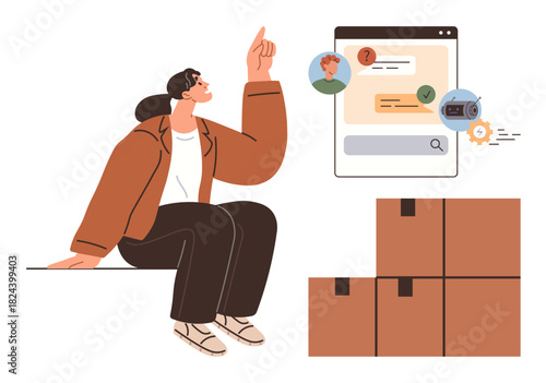 Female pointing to a delivery tracking system with chat support, packages, and web interface. Ideal for logistics, e-commerce, communication, technology, customer assistance, package shipment