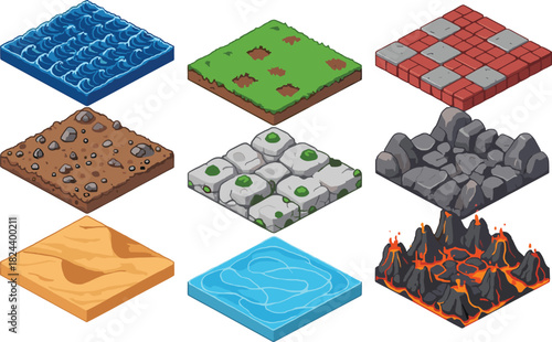 Terrain tile icon set vector illustration, environmental surface textures, game design motifs, cartoon style, nature simulation layout